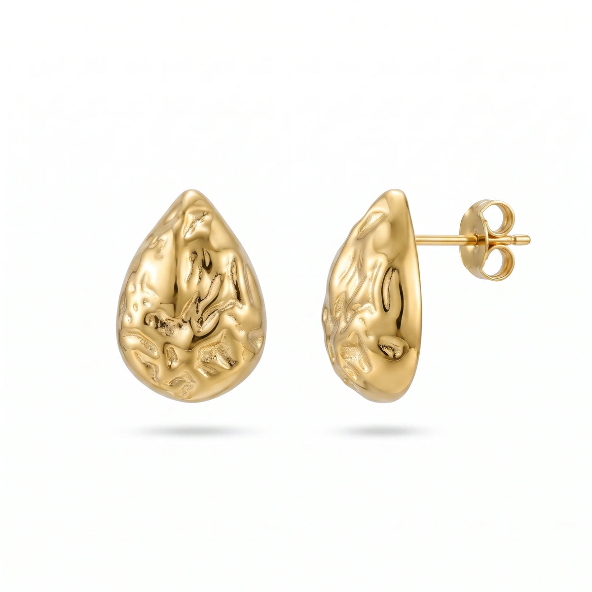 QIAOREN 14019 Polished Gold Hammered Textured Teardrop Stud Earrings, Irregular Crinkle Surface Water Drop Ear Stud Jewelry Gift