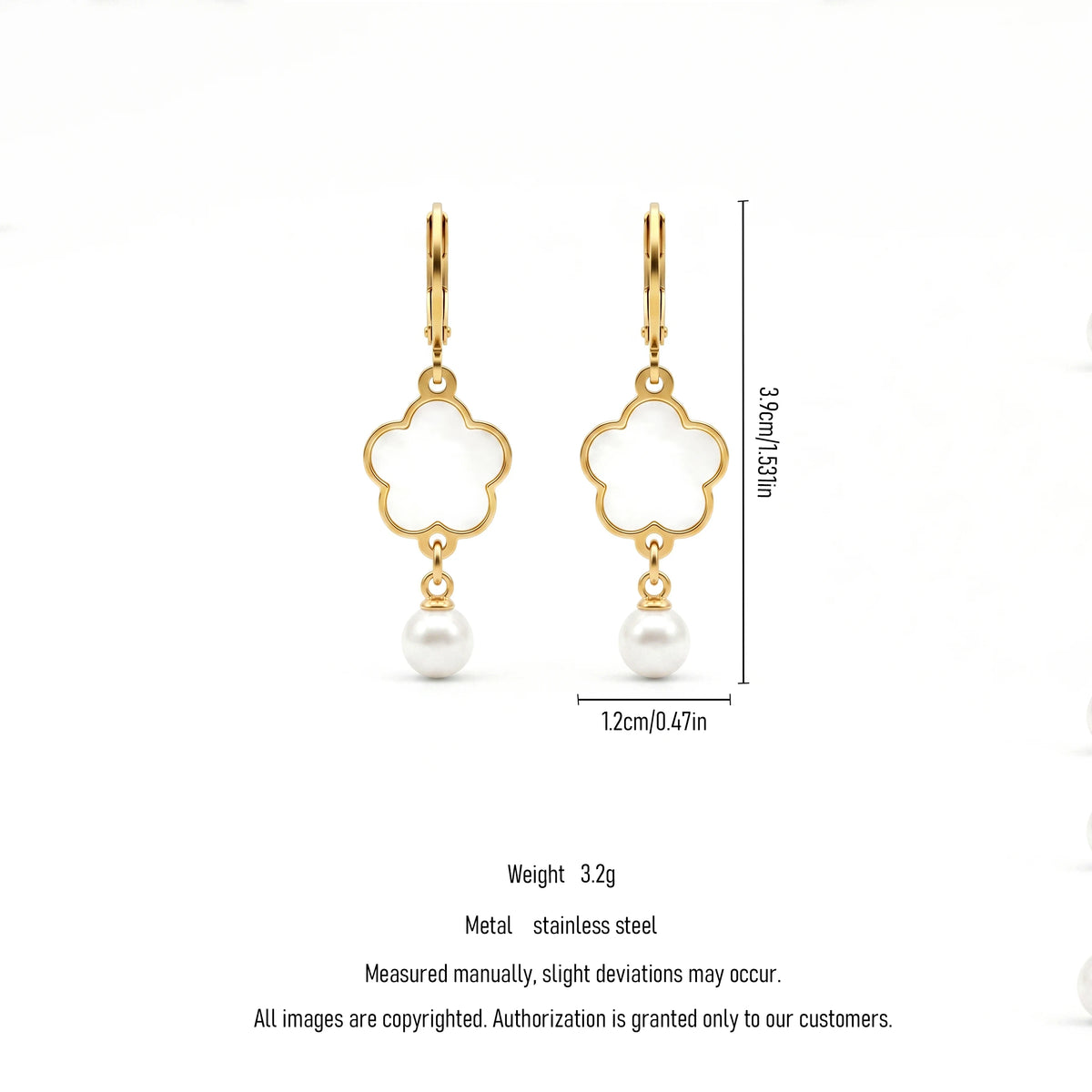 QIAOREN 11765Ins Elegant Four Leaf Clover Shell Pearl Drop Earrings 18K Gold Plated Stainless Steel Leverback Hoops Women's