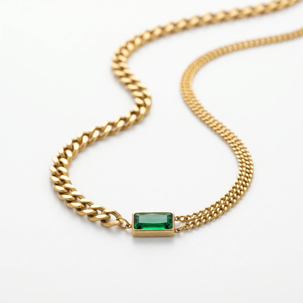 QIAOREN 13473 Two Tone Chain Emerald Rectangle Pendant Necklace, Chunky Curb & Thin Paperclip Link Mixed Neck Jewelry Gift