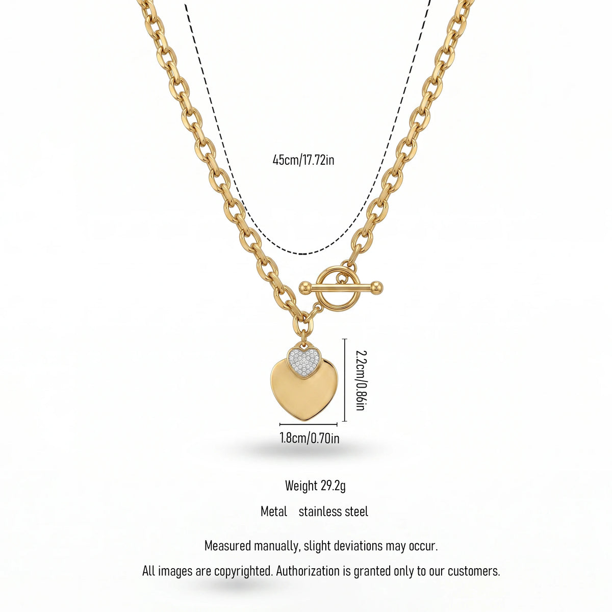 QIAOREN 13539 Chunky Oval Link Heart Necklace, Two-tone Solid & Paved Zircon Love Charms Gold Necklace