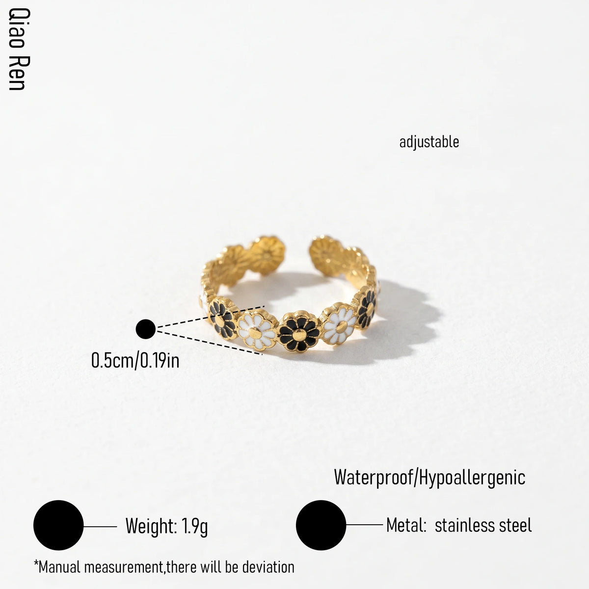 QIAOREN 14190-96 Daisy Pattern Open Ring Set, Multi Style Enamel Adjustable Stackable Ring Jewelry Gift for Daily Fashion