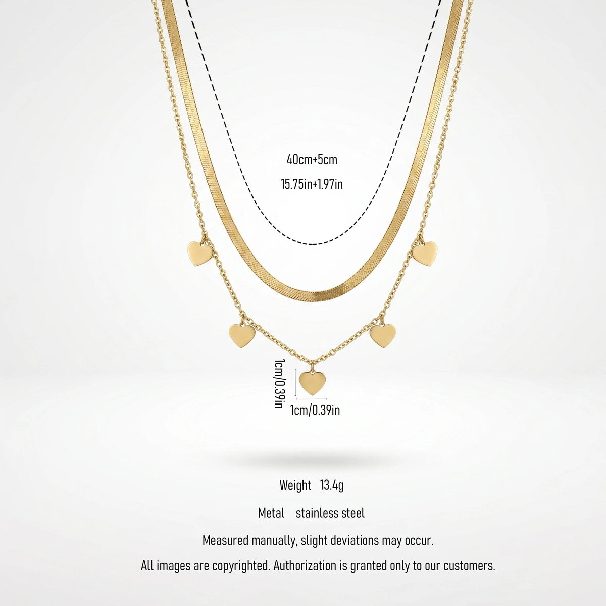 QIAOREN 11645 Stainless Steel Gold Double Layer Necklace Herringbone Chain Tiny Heart Charms Adjustable Women Jewelry Gift