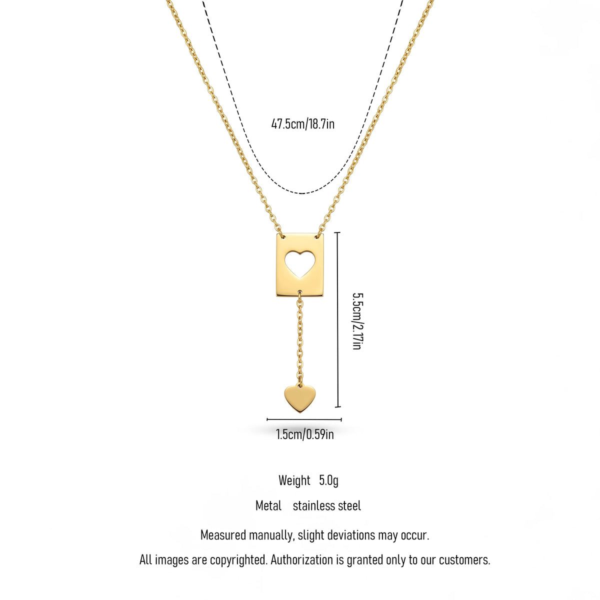 QIAOREN 11839 18K Gold Plated Stainless Steel Anti-Tarnish Hypoallergenic Hollow Heart Rectangle Lariat Y-Necklace Heart Pendant