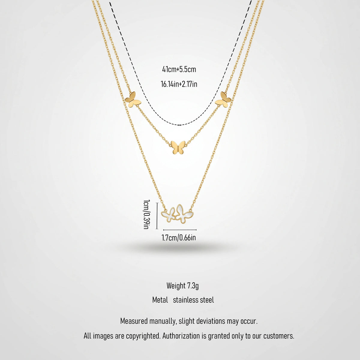QIAOREN 13937 Double Layer Thin Chain Butterfly Pendant Necklace with Solid Butterflies & Intertwined Mother of Pearl Butterfly