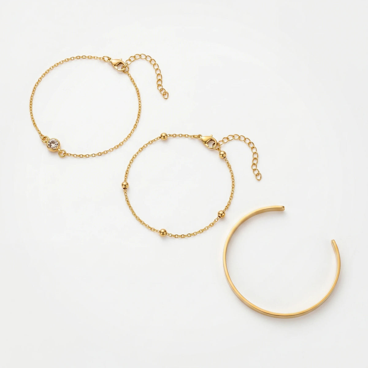 QIAOREN 10604 3 Pieces Classic Geometric Stackable Bracelet Set 18K Gold Plated Stainless Steel Chain Link Waterproof
