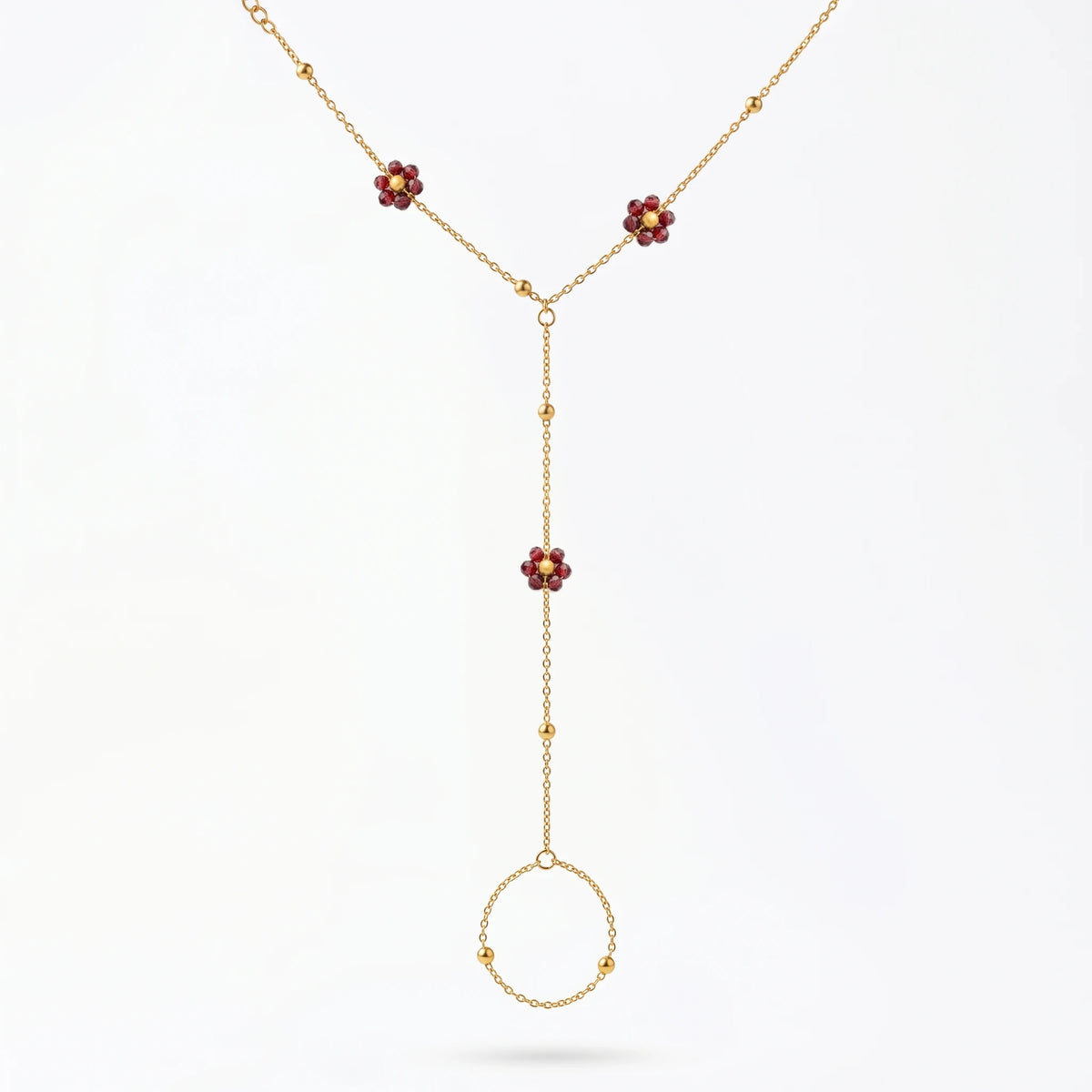 QIAOREN 10763 Dainty Red Beaded Flower Stainless Steel Finger Chain Bracelet Hand Chain for Summer