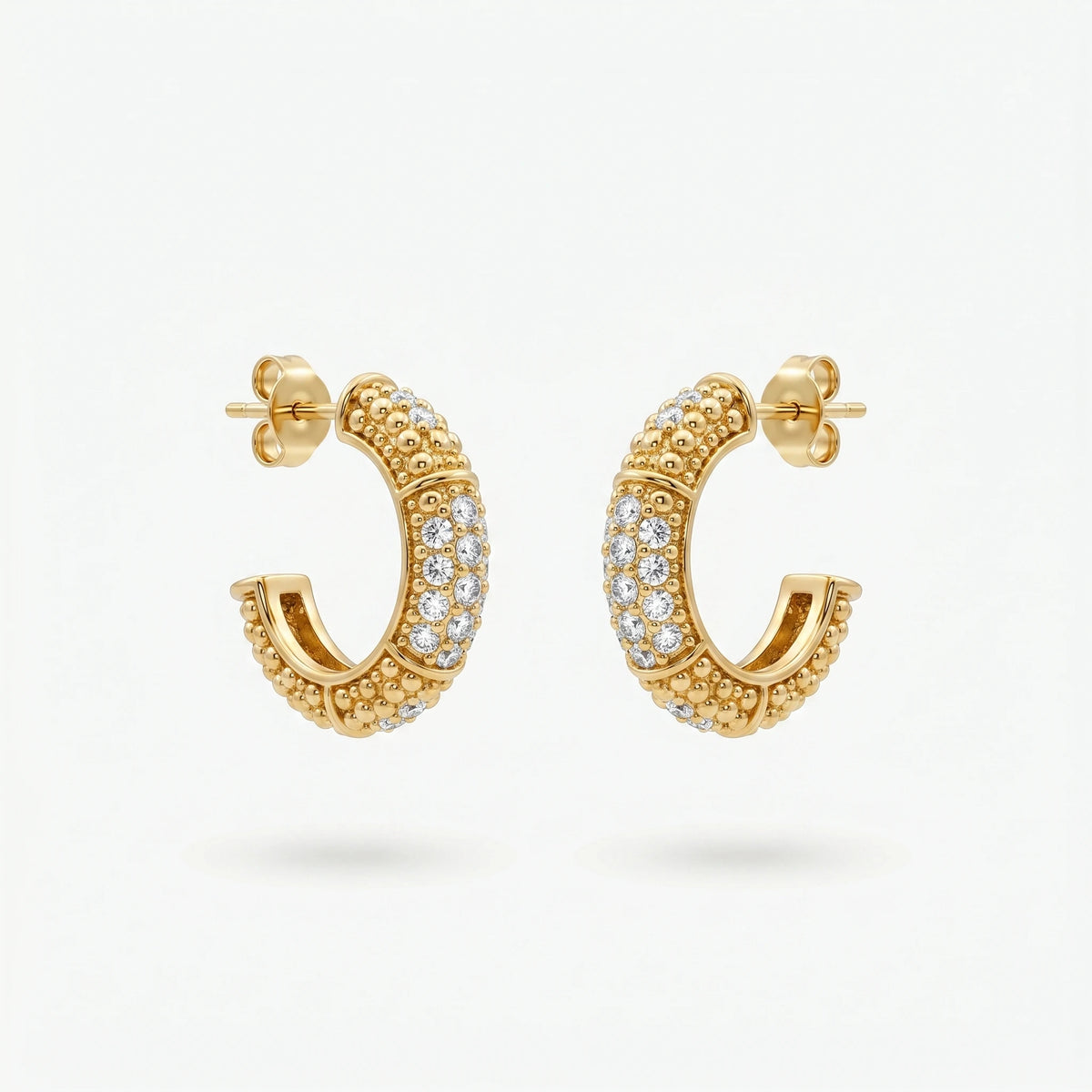 QIAOREN 12452  Gold Paved CZ Half Hoop Earrings Stainless Steel Beaded Textured Huggie Hoops Hypoallergenic Sparkly Jewelry