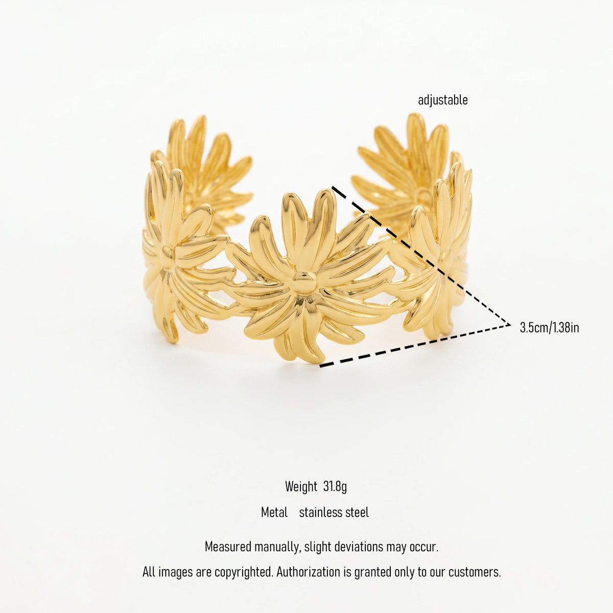 QIAOREN 12715  18K Gold Polished Linked 3D  Open Cuff Bracelet Stainless Steel  Petal Adjustable Stackable Floral Wrist Jewelry