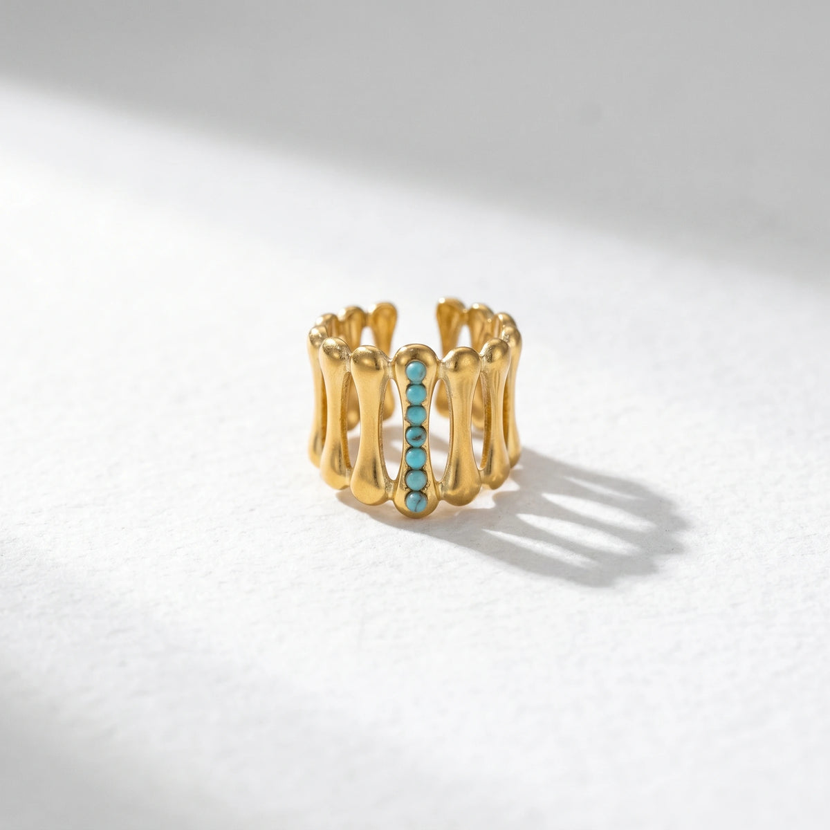 QIAOREN 13151-55 5Pcs Gold Stainless Steel Turquoise Open Ring Set Geometric Stackable Adjustable Boho Waterproof Jewelry