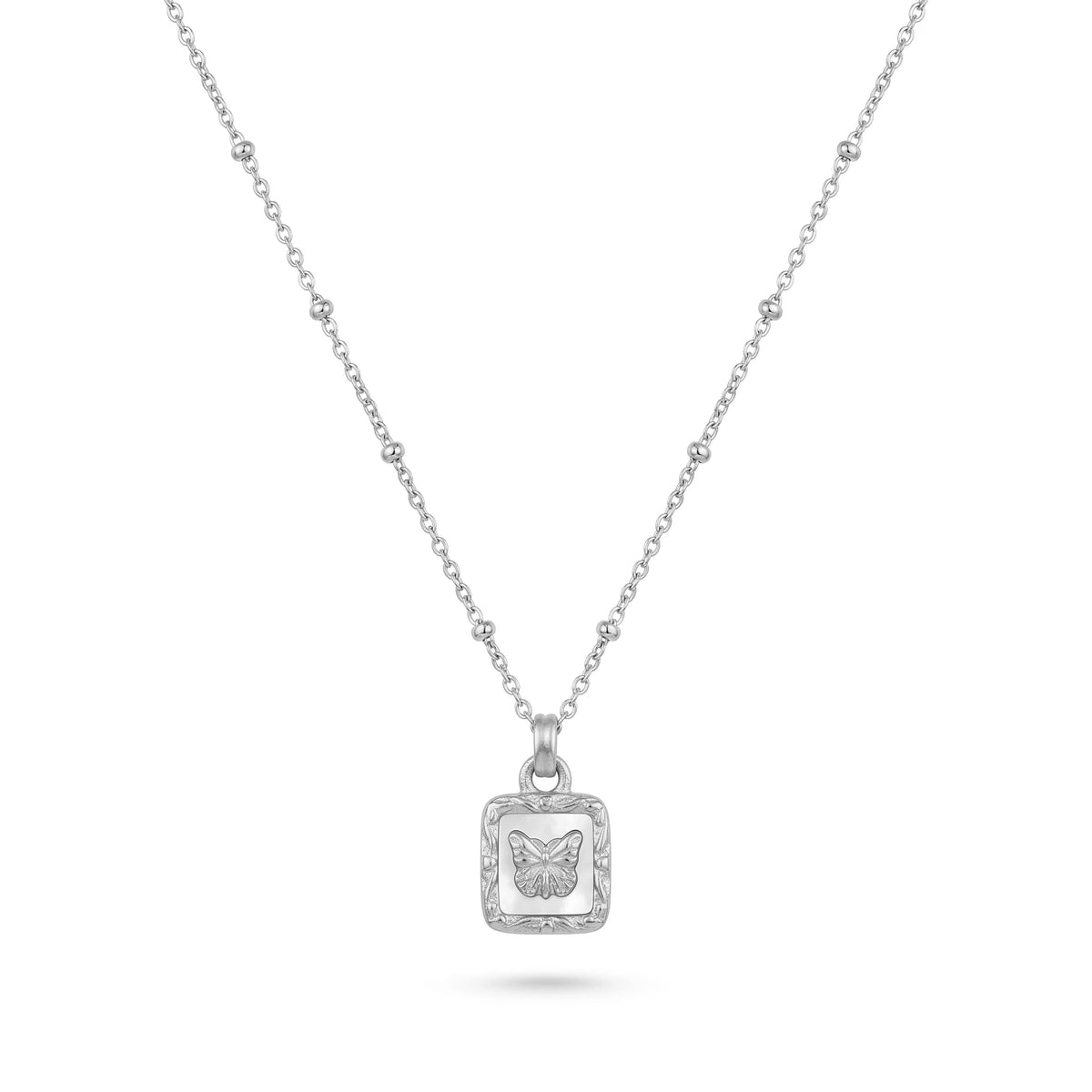 QIAOREN 13478 Vintage Square White Shell Butterfly Pendant Necklace with Beaded Ball Chain, Dainty Gold Neck Jewelry Gift