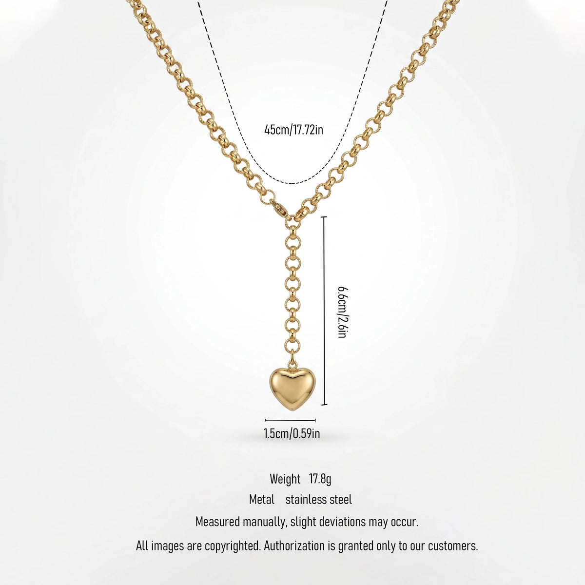 QIAOREN 11343 Stainless Steel Gold Y Drop Heart Pendant Necklace Adjustable Rolo Chain Women Daily Jewelry Gift