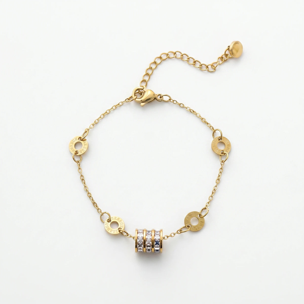 QIAOREN 13314 Luxury Crystal Rolling Bead Bracelet 18K Gold Plated Stainless Steel Engraved Round Disc Lobster Clasp Chain