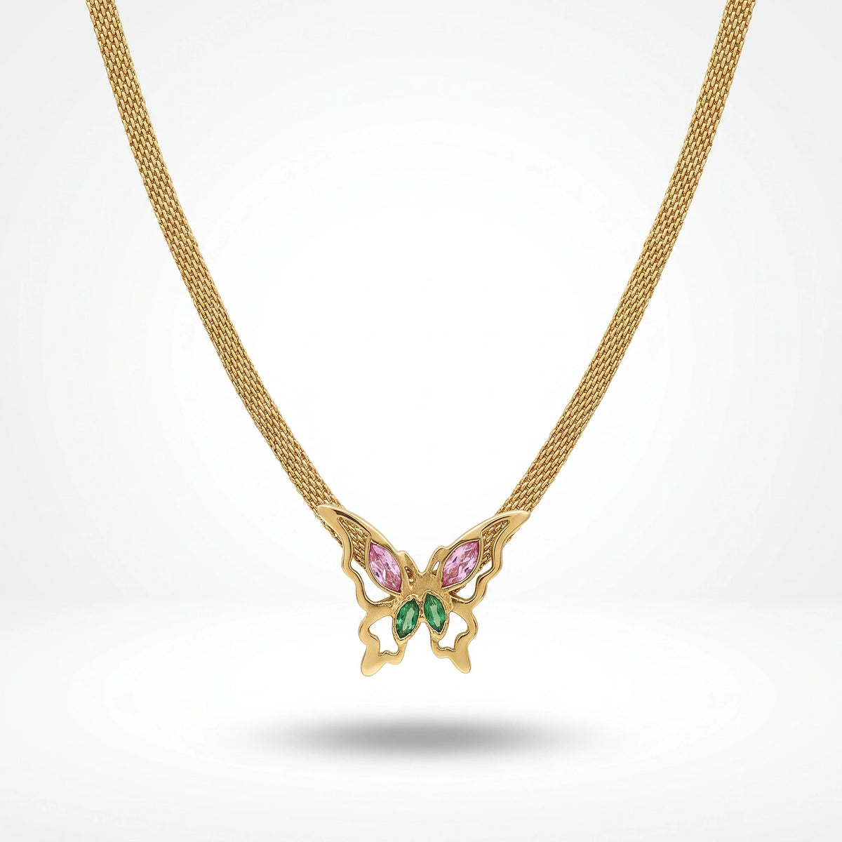 QIAOREN 14008 Wide Mesh Snake Chain Pendant Necklace with Hollow Butterfly Charm Inlaid Pink and Green Marquise CZ Stones