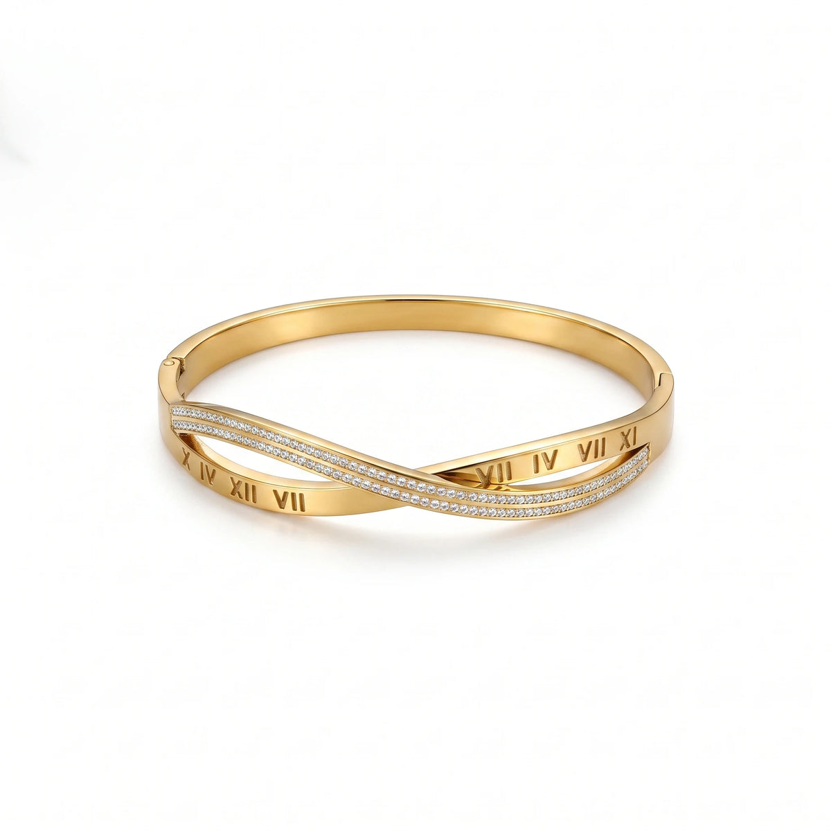 QIAOREN 13667 Twisted Interlock Spring Cuff Bangle Engraved Roman Numerals with Full Paved Clear Zircon