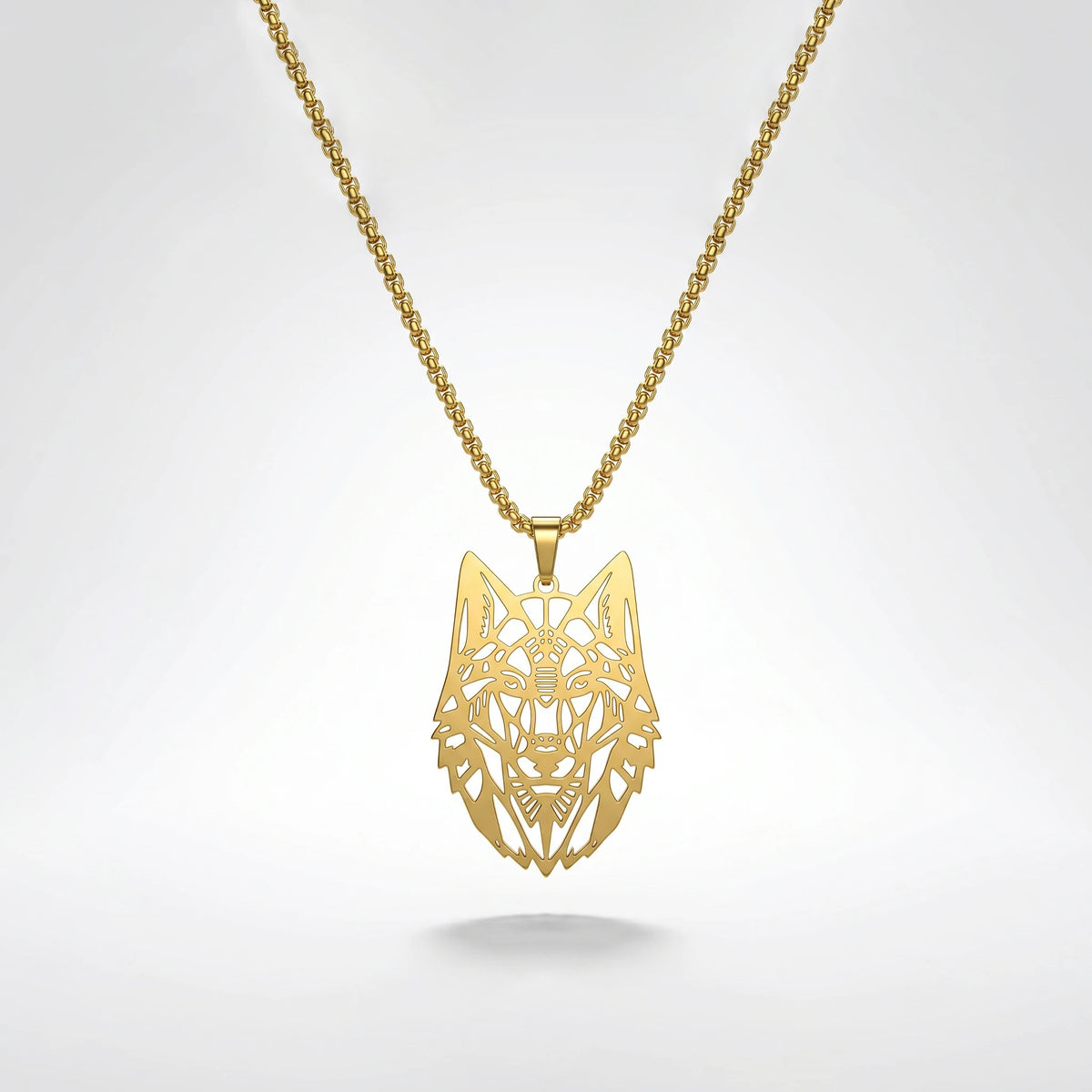 QIAOREN 12045 Gold Plated Stainless Steel Wolf Head Pendant Necklace Cutout Animal Charm Box Chain Punk Jewelry for Men Women