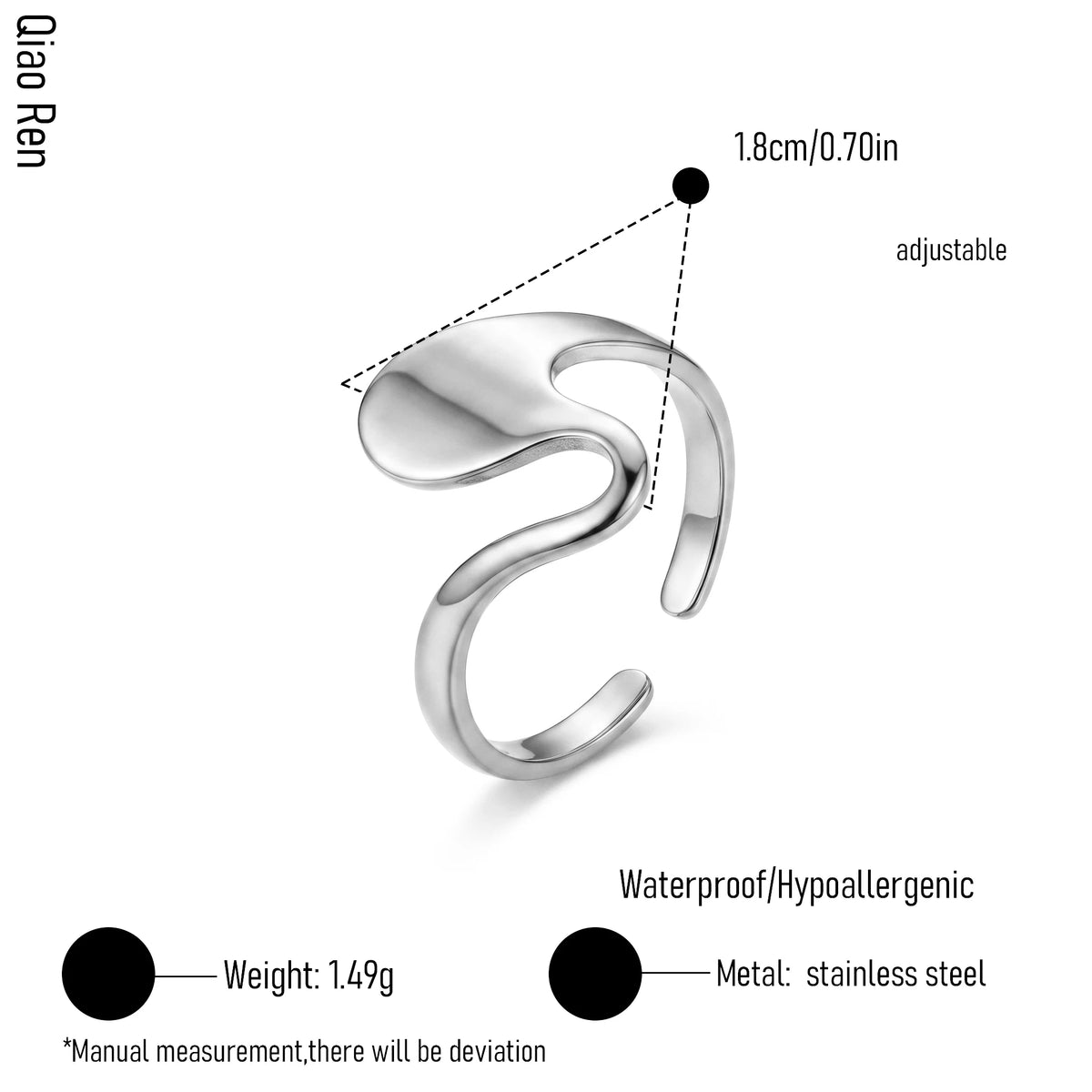 QIAOREN 14284-93 Abstract Irregular Wavy Open Cuff Ring Set, Adjustable Stackable Statement Rings, Stainless Steel Jewelry Gift