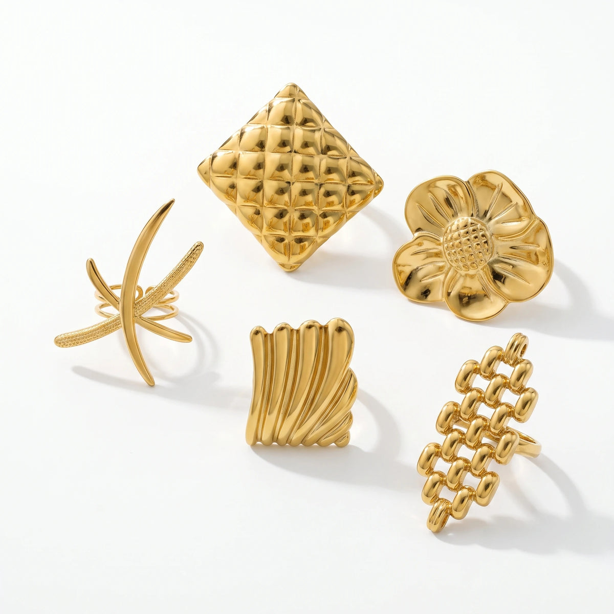 QIAOREN 14269-78 Vintage Textured Geometric Floral Open Cuff Ring Set, Adjustable Stackable Gold Tone Statement Rings