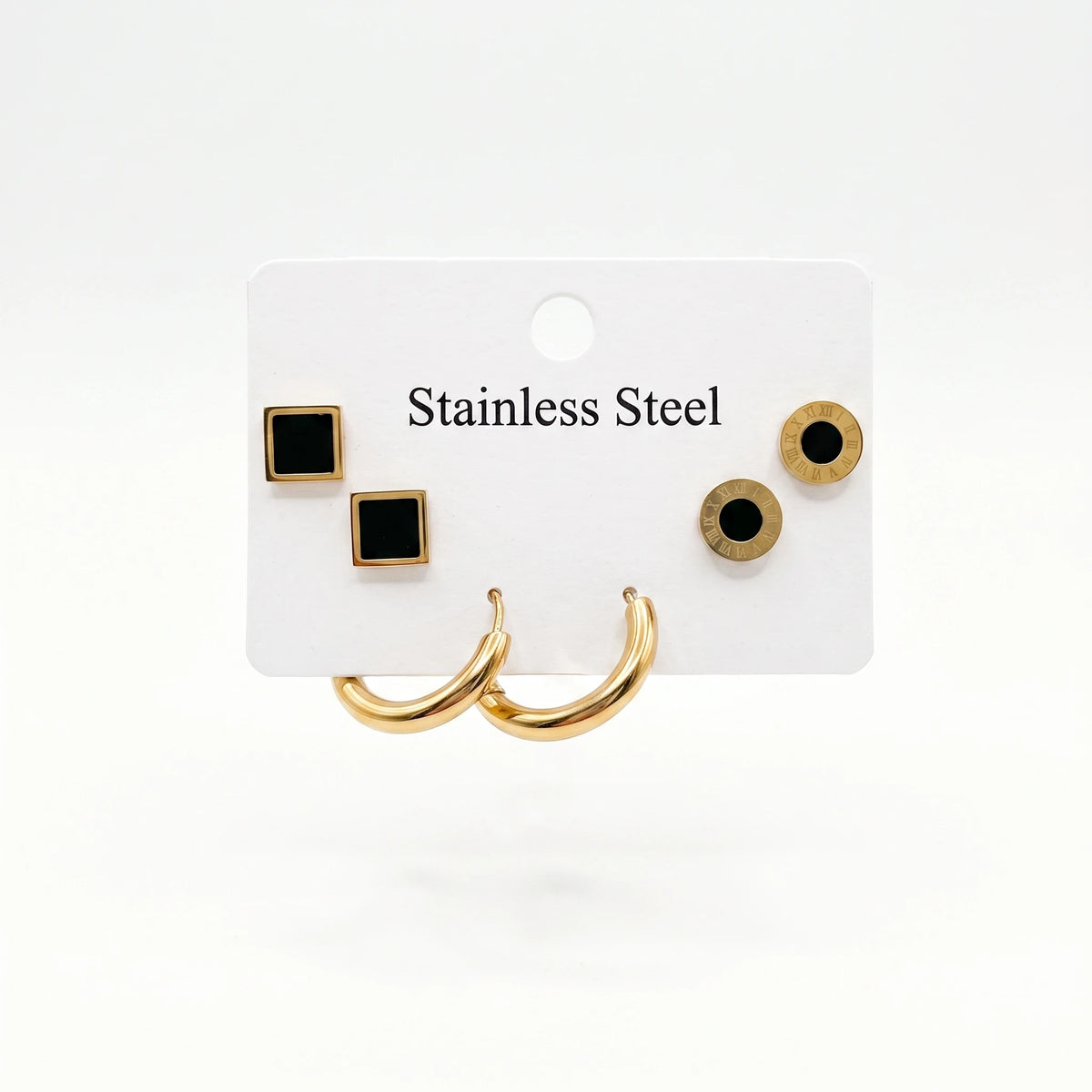 QIAOREN 14471 3 Pair Gold Stainless Steel Earrings Set, Square Black Enamel Studs, Roman Numeral Disc Studs & Chunky Earrings