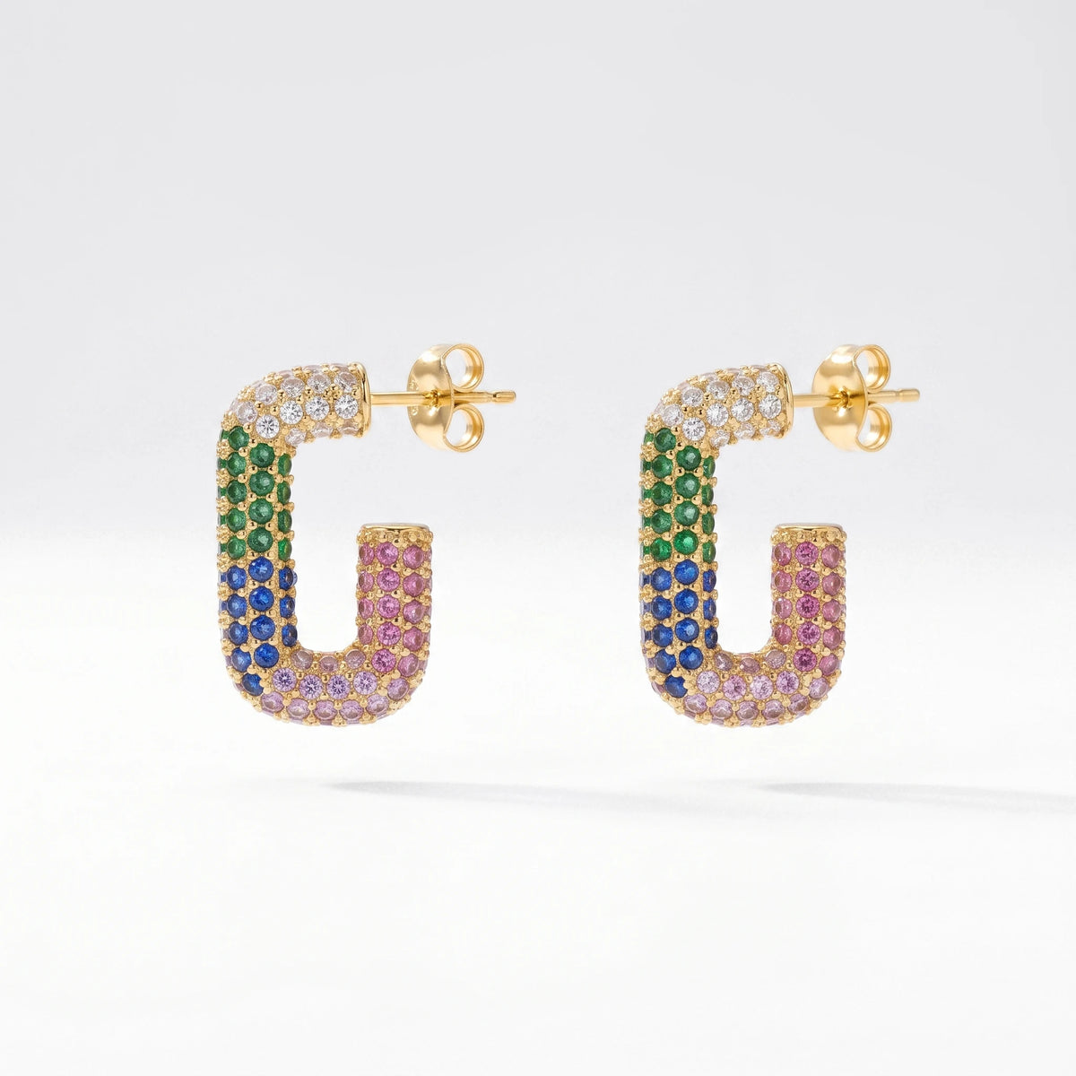 QIAOREN 12426 Elegant Quiet Luxury Colorful Crystal U Shaped Hoops Gold Stainless Steel Rainbow Micro-Pave Statement Earrings