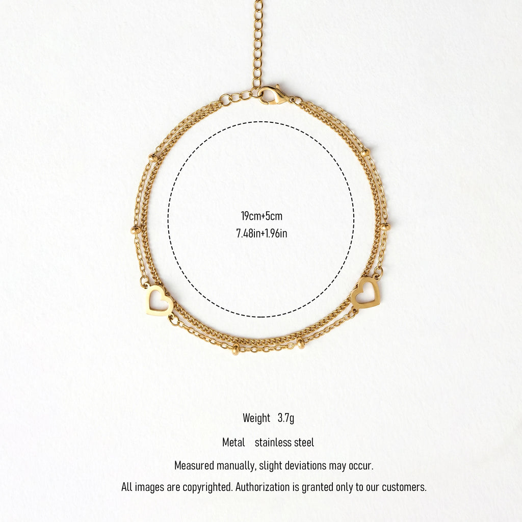 QIAOREN 11942 Waterproof Tarnish Free Double Strand Heart Bracelet Gold Stainless Steel Dainty Hollow Heart Jewelry Women Gift