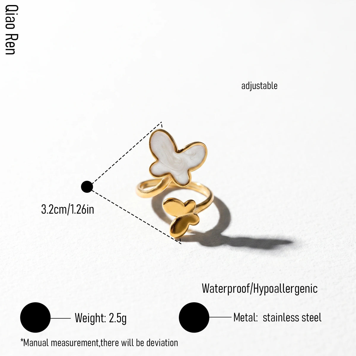 QIAOREN 14232-38 White Enamel Irregular Wave Open Ring Set, Abstract Curved Adjustable Stackable Ring Jewelry Gift