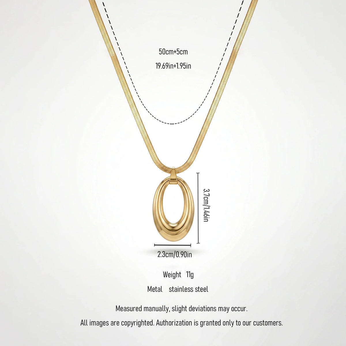 QIAOREN 13159 Gold Plated Oval Pendant Necklace Stainless Steel Herringbone Snake Chain Minimalist Statement Jewelry for Women