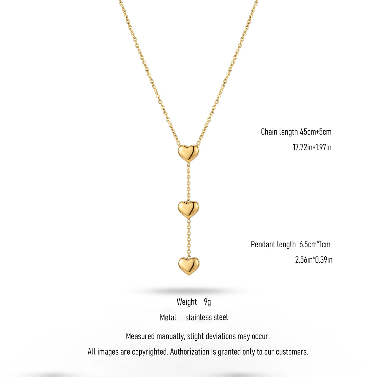 QIAOREN 10808 Trendy Gold Plated Tarnish Resistant Stainless Steel Tiered Heart Drop Necklace Minimalist Y-Shaped Jewelry