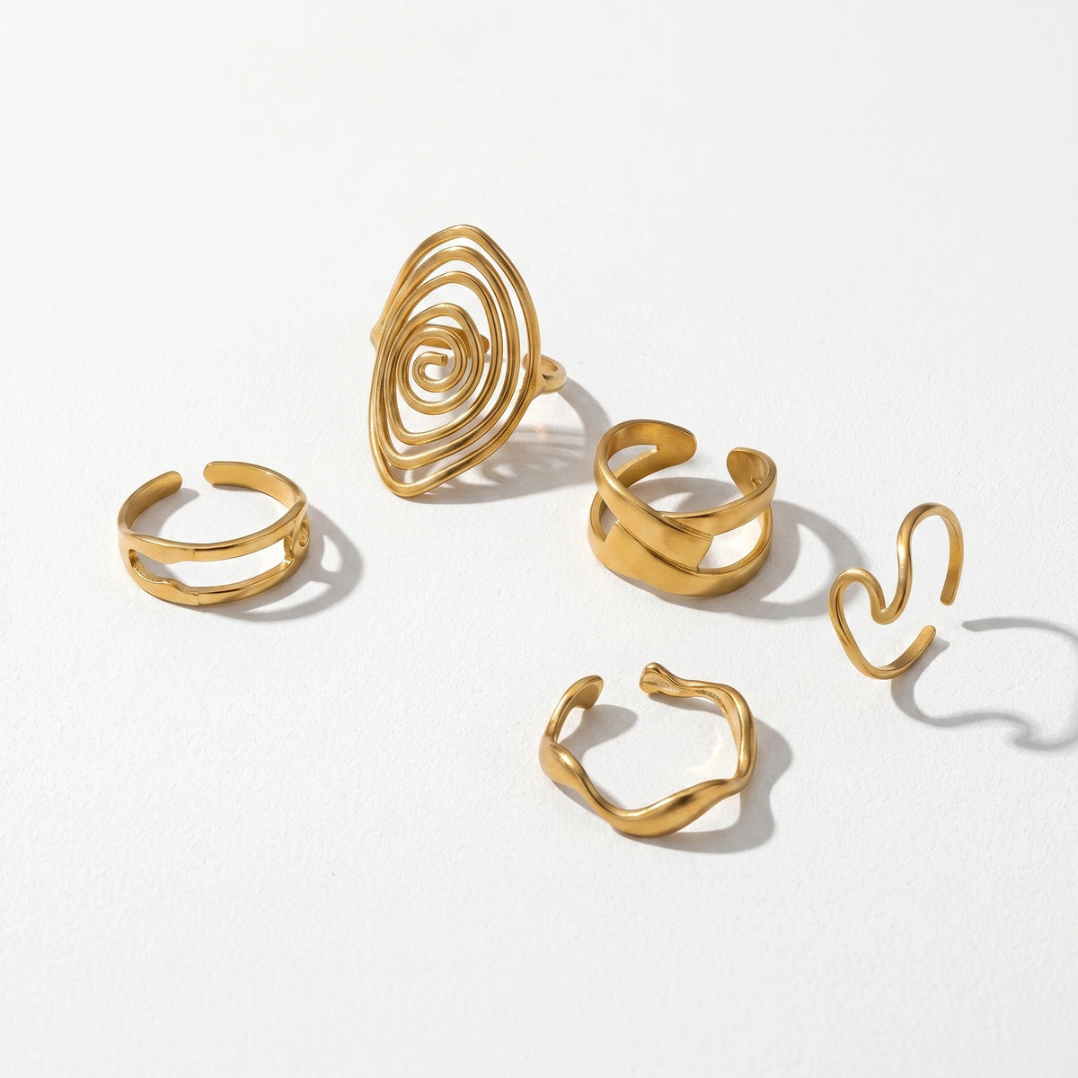 QIAOREN 5Pcs 18K Gold Plated Stainless Steel Adjustable Open Ring Set Spiral Wave Stackable Statement Rings for Women