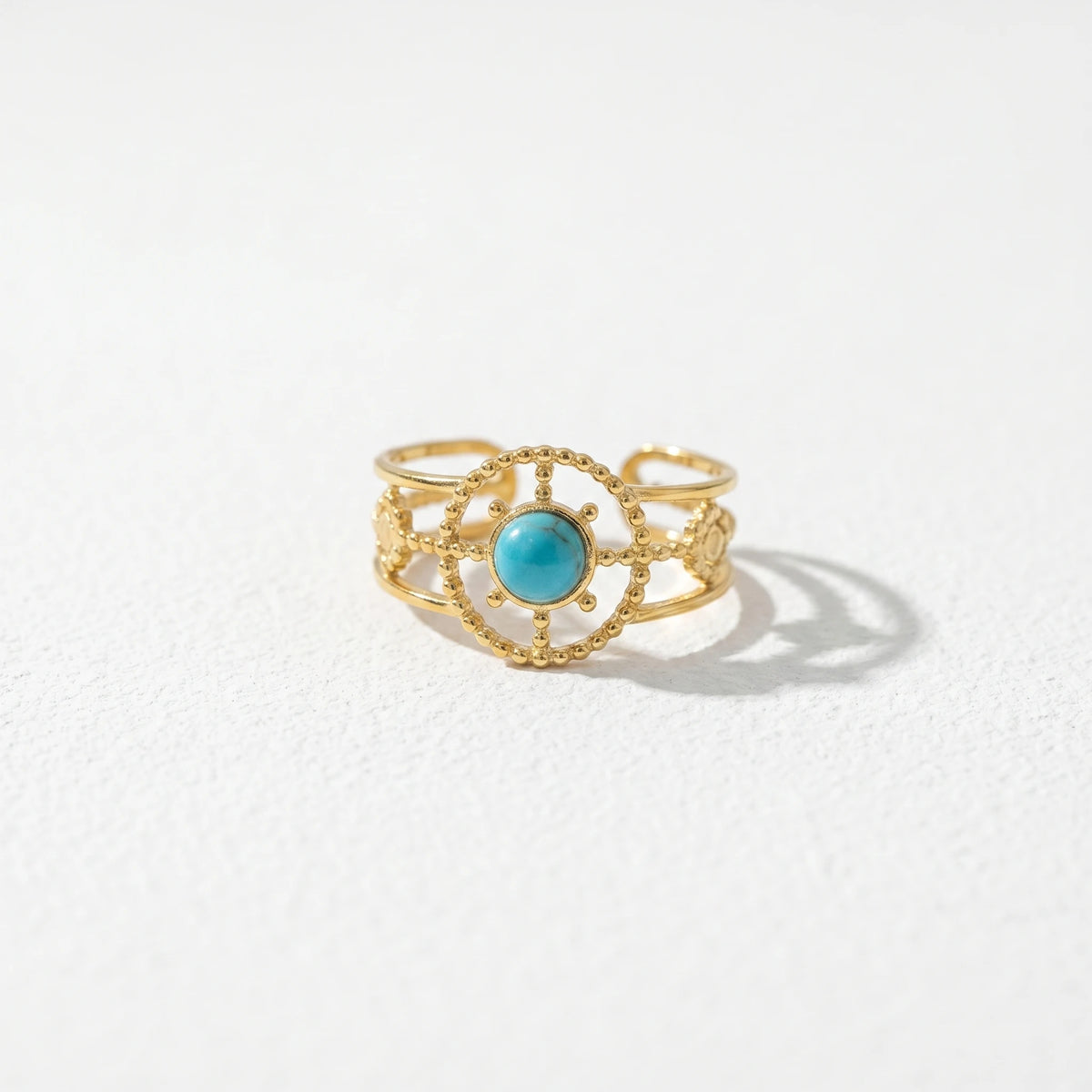QIAOREN 13171-75 5Pcs Gold Stainless Steel Turquoise Open Ring Set Irregular Hammered Crown Adjustable Boho Stackable Rings