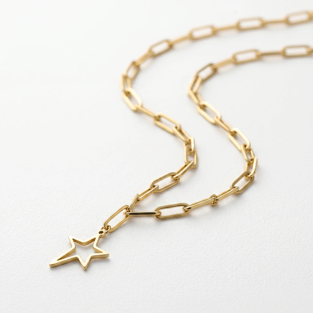 QIAOREN  11959 Gold Plated Stainless Steel Paperclip Chain Necklace Hollow Open Star Drop Pendant Dainty Daily Jewelry Gift