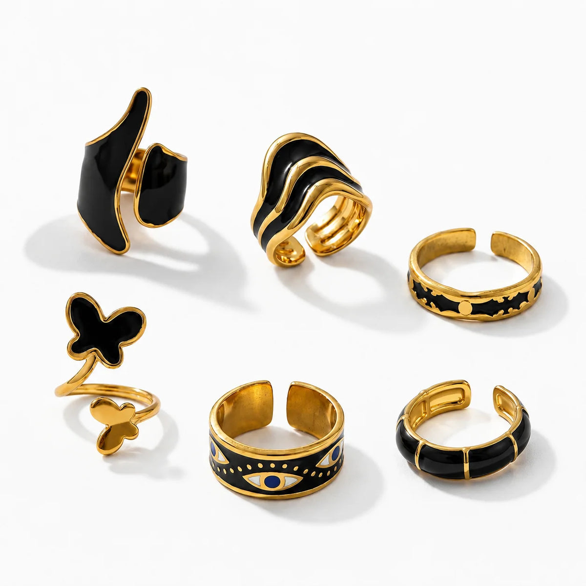 QIAOREN 14226-31 Black Enamel Irregular Wave Open Ring Set, Abstract Curved Adjustable Stackable Ring Jewelry Gift