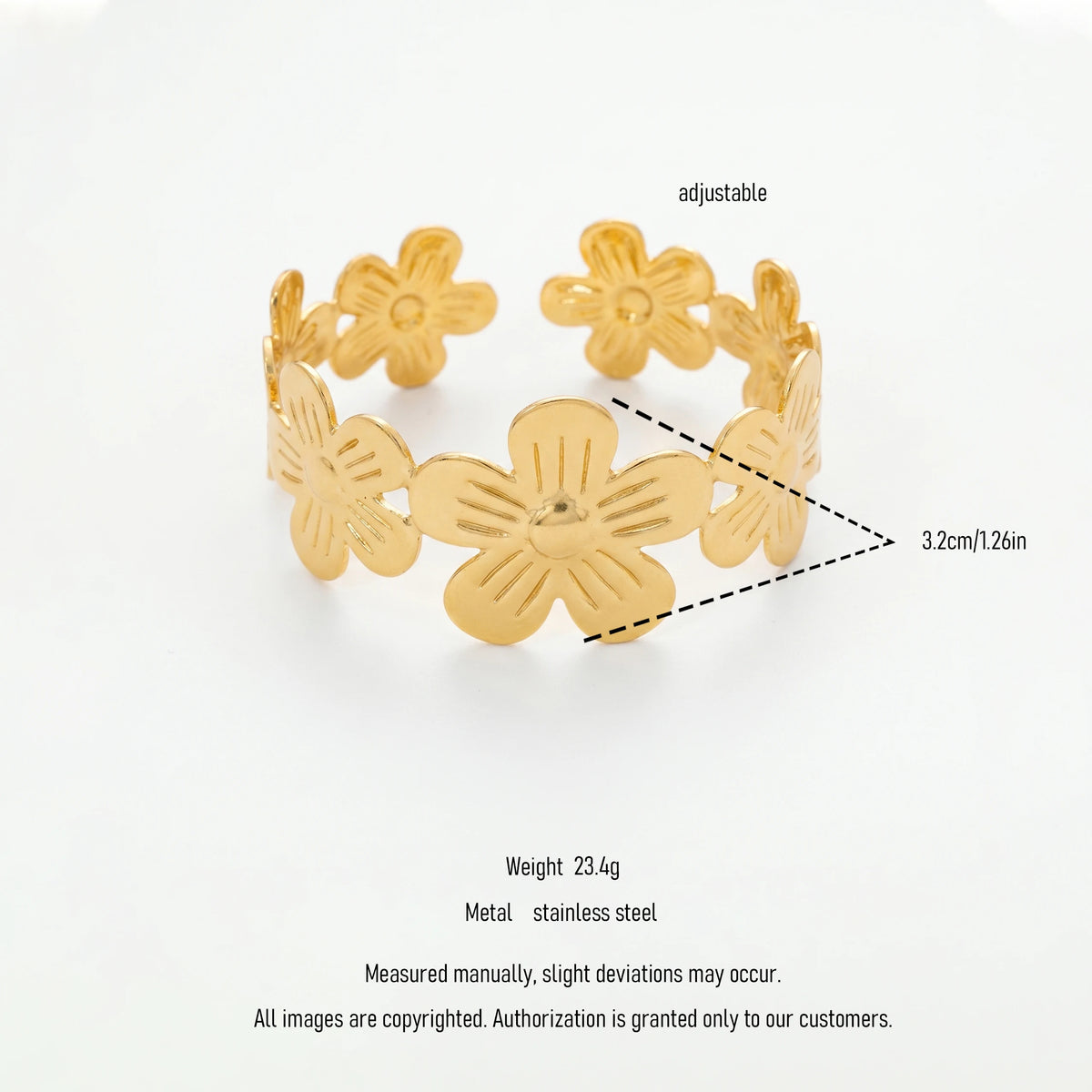 QIAOREN 12709 Sleek Embossed Floral Cluster Adjustable Wide Open Cuff Bracelet Tarnish Free Stainless Steel 18K Gold Lightweight