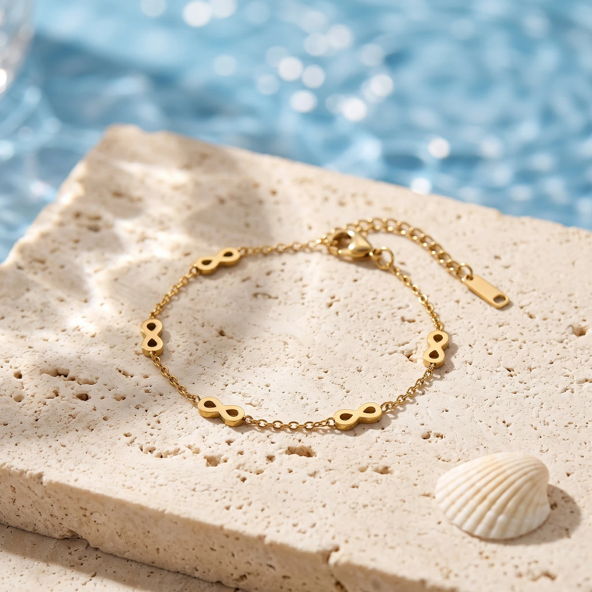 QIAOREN 14009 Cable Chain Adjustable Bracelet with Multiple Hollow Infinity Symbol Charms, Polished Gold Eternal Love