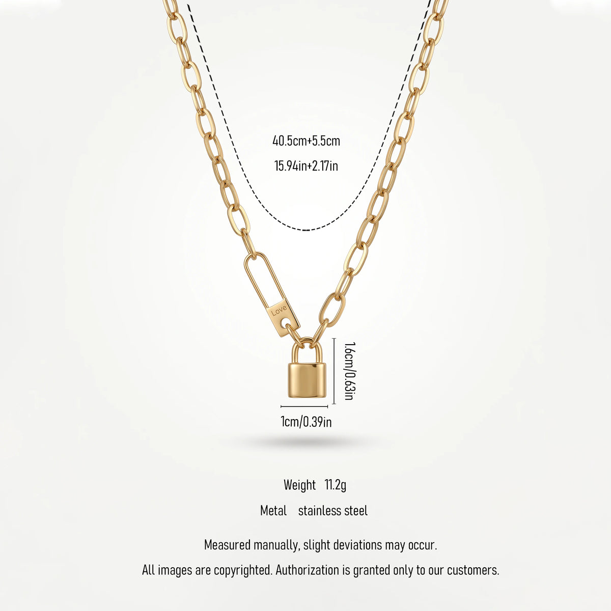 QIAOREN 13567 Gold Stainless Steel Paperclip Chain Necklace with Lock Pendant Minimalist Padlock Jewelry Fashion Gift for Women
