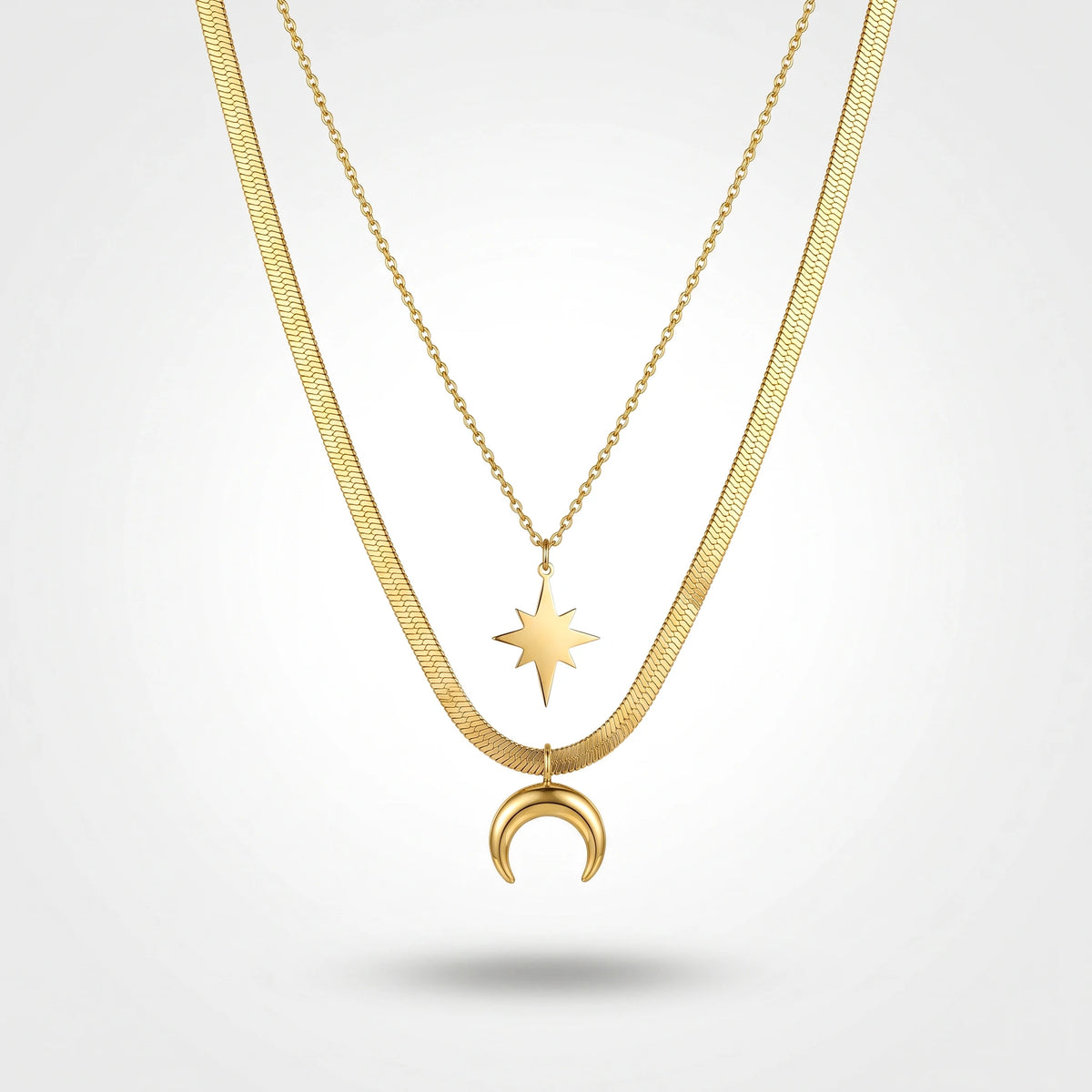 QIAOREN 13508 Two Layer Star & Crescent Moon Pendant Necklace with Flat Snake & Thin Cable Mixed Chain, Dainty Gold Necklace