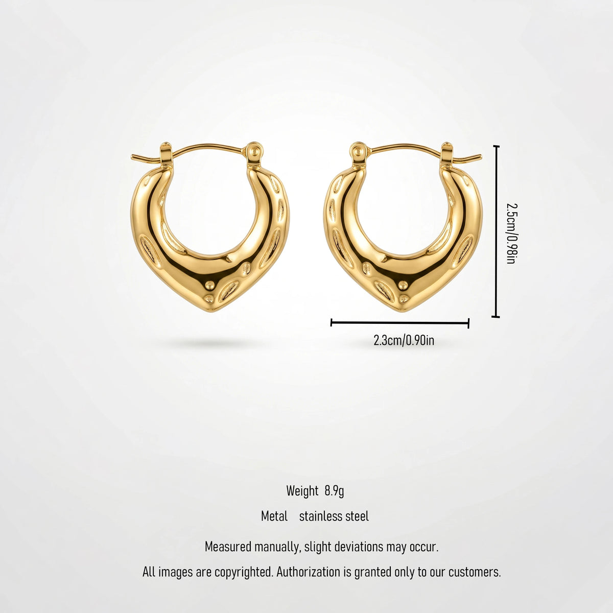 QIAOREN 12414 Elegant Quiet Luxury Sculptural Heart Hoops Gold Stainless Steel Textured Organic Grooves Statement Gift Women EU