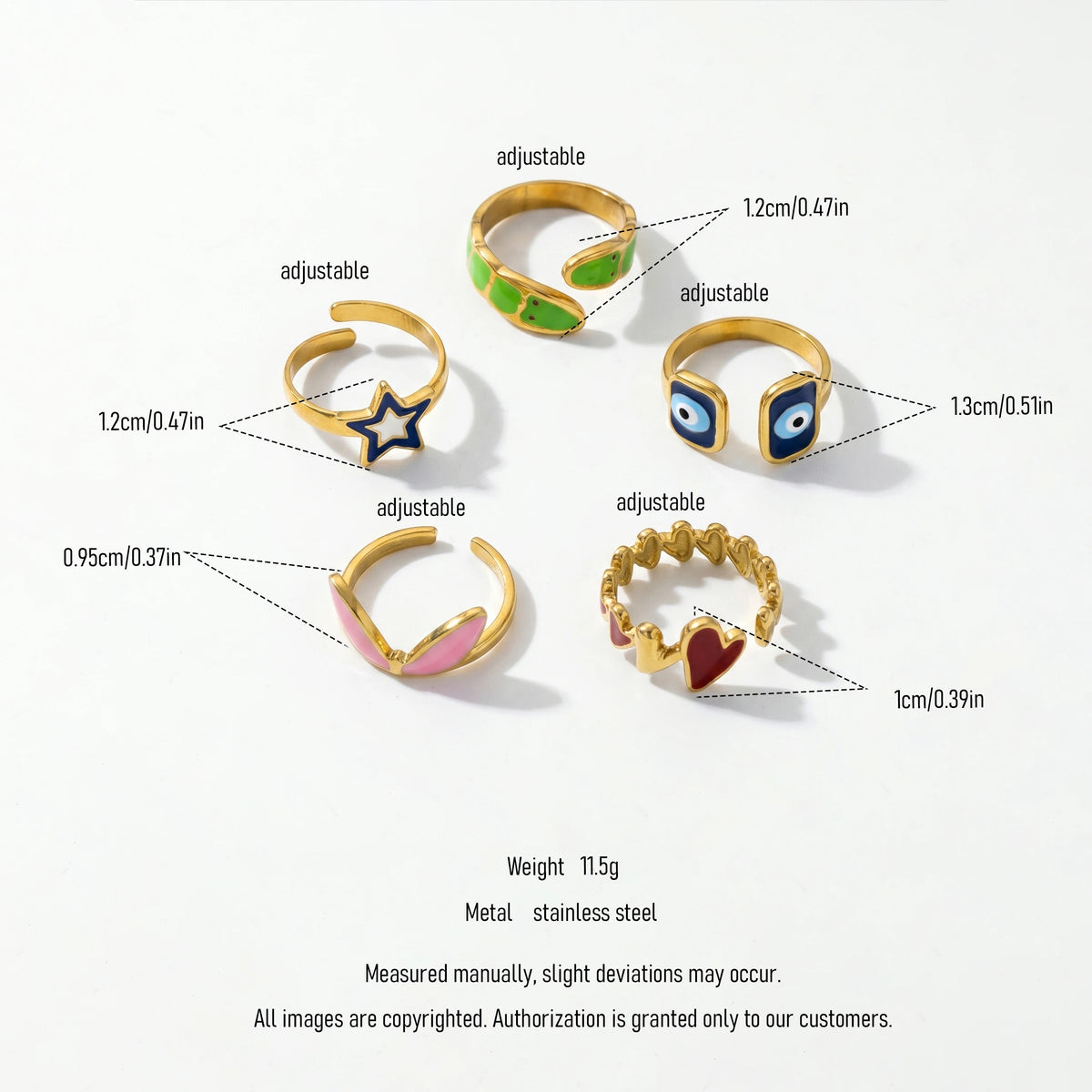 QIAOREN Stainless Steel Adjustable Eye Motif Ring Set Gold Plated Stackable CZ Turquoise Fashion Rings for Women