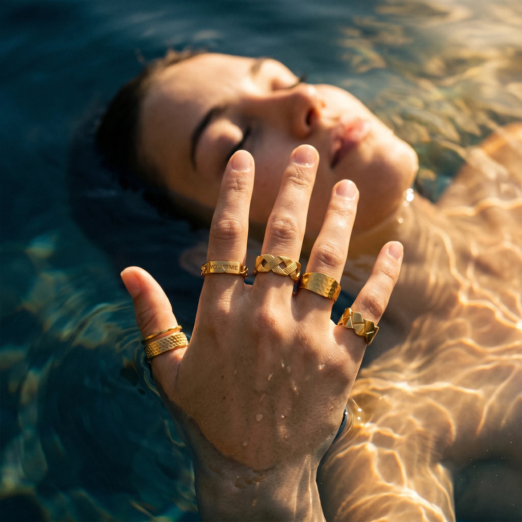 QIAOREN 10706 18K Gold Plated Stainless Steel Waterproof Open Ring Set | 5Pcs Adjustable Stackable Rings