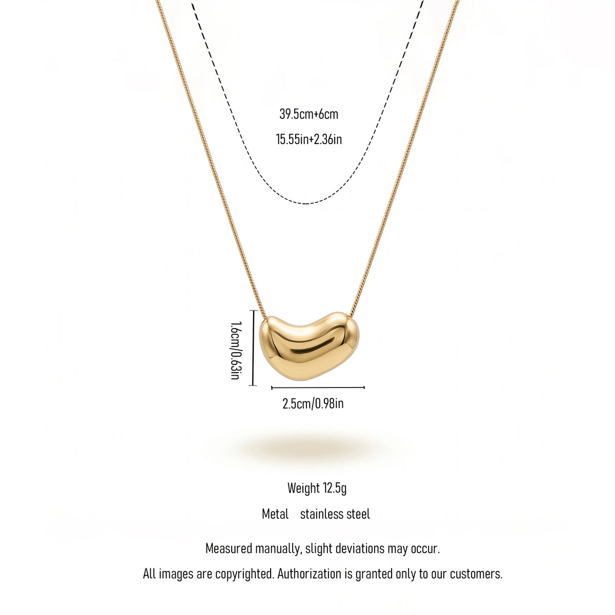 QIAOREN 13713 Smooth Polished Solid Bean Pendant Necklace, Thin Snake Chain Minimalist Gloss Gold Collar Jewelry Gift