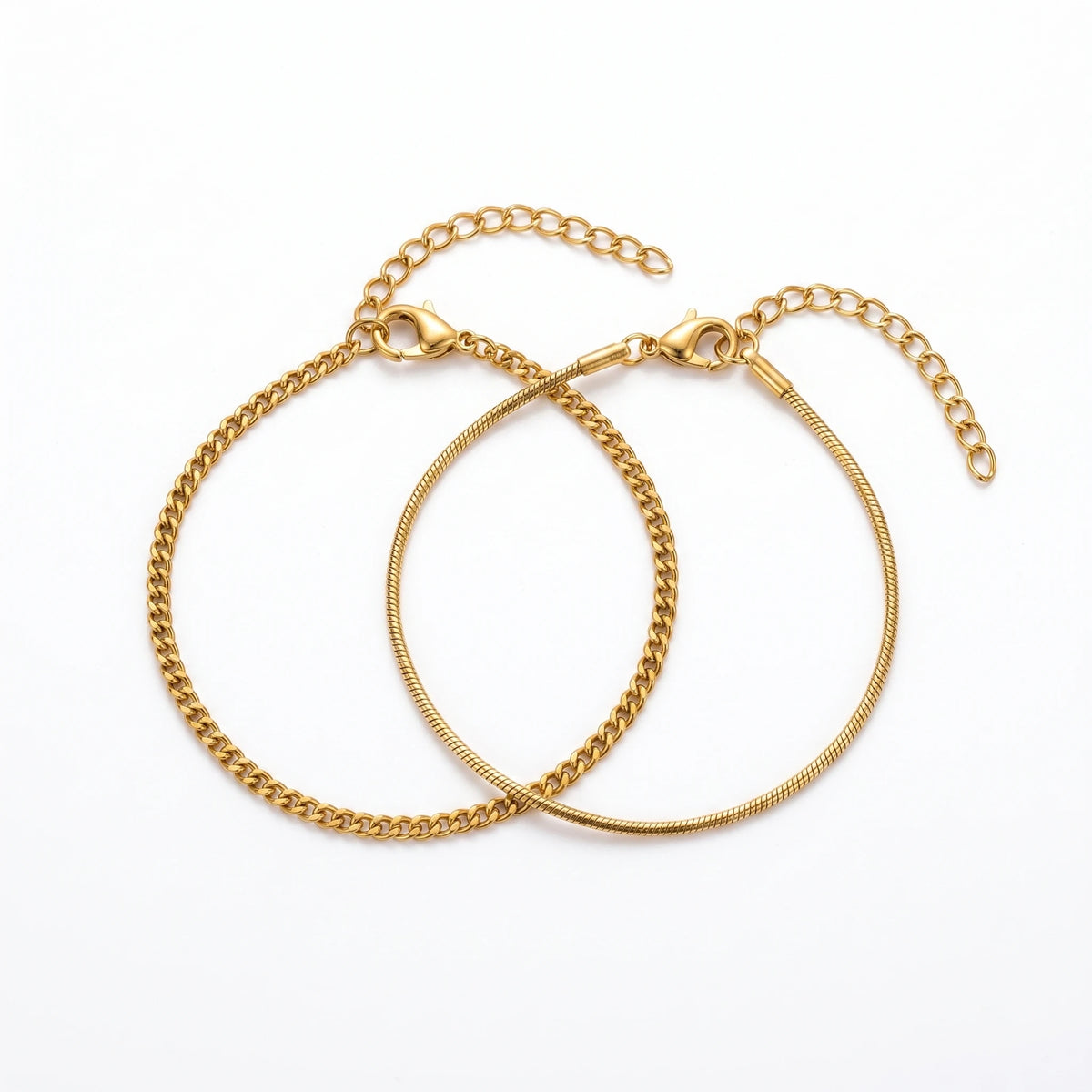 QIAOREN 10596 18K Gold Plated 2PCS Curb & Herringbone Chain Bracelet Set Stainless Steel Tarnish Free