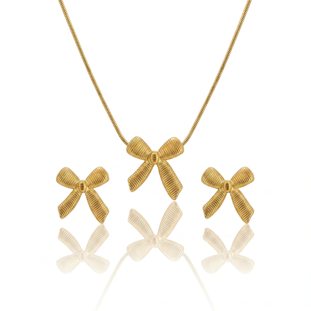 QIAOREN 11628 Romantic Textured Bow Jewelry Set 18K Gold Stainless Steel Necklace Earrings Valentine's Day Gift