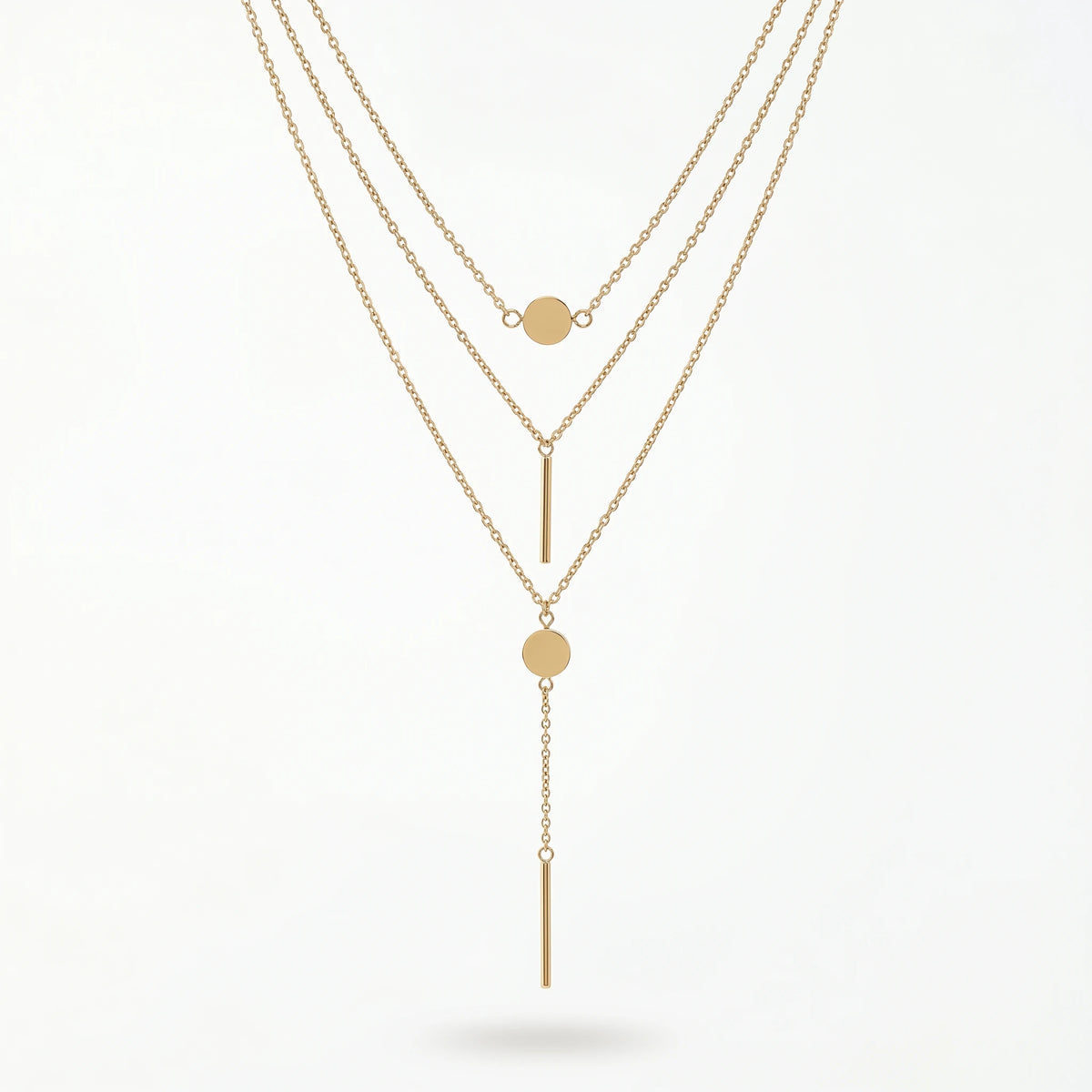 QIAOREN 11310 18K Gold Plated Triple Layered Y-Shaped Disc Bar Necklace Stainless Steel Tarnish Free Elongate Neck Jewelry