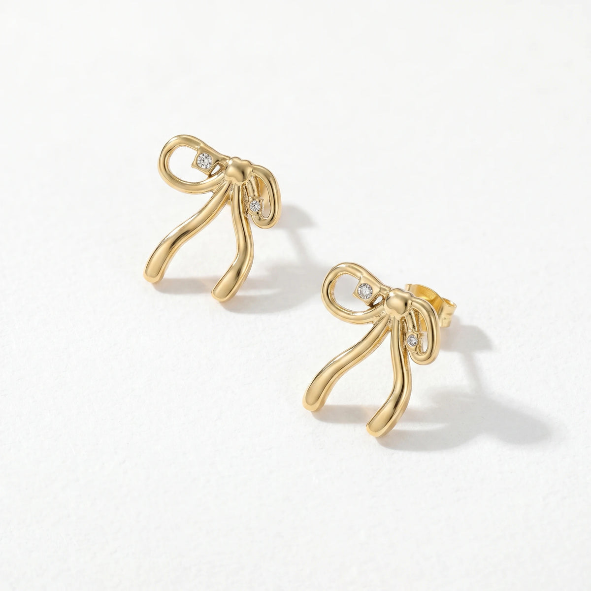 QIAOREN 12268 Trendy Coquette Ribbon Bow Earrings 18K Gold Plated Stainless Steel CZ Studs Balletcore Jewelry Women Party US EU