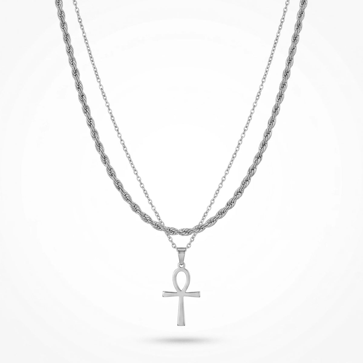 QIAOREN 11495 Rust Resistant Waterproof 18K Gold Plated Stainless Steel Ankh Symbol Layered Necklace