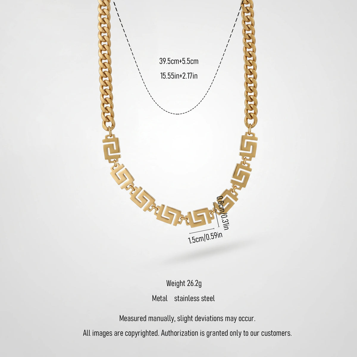 QIAOREN 13525 Mixed Chain Chunky Cuban & Greek Key Link Choker Necklace, Retro Geometric Pattern Gold Stack Neck Jewelry Gift