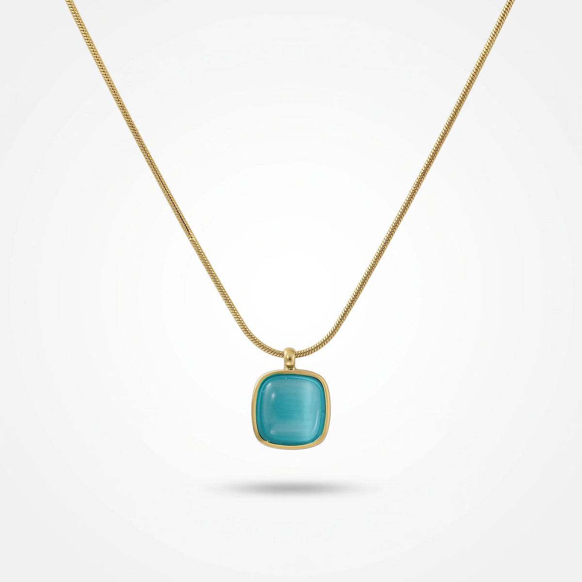 QIAOREN 13754-57  Multi Color Thin Snake Chain Pendant Necklaces with Rounded Square Cat Eye Stone Charms