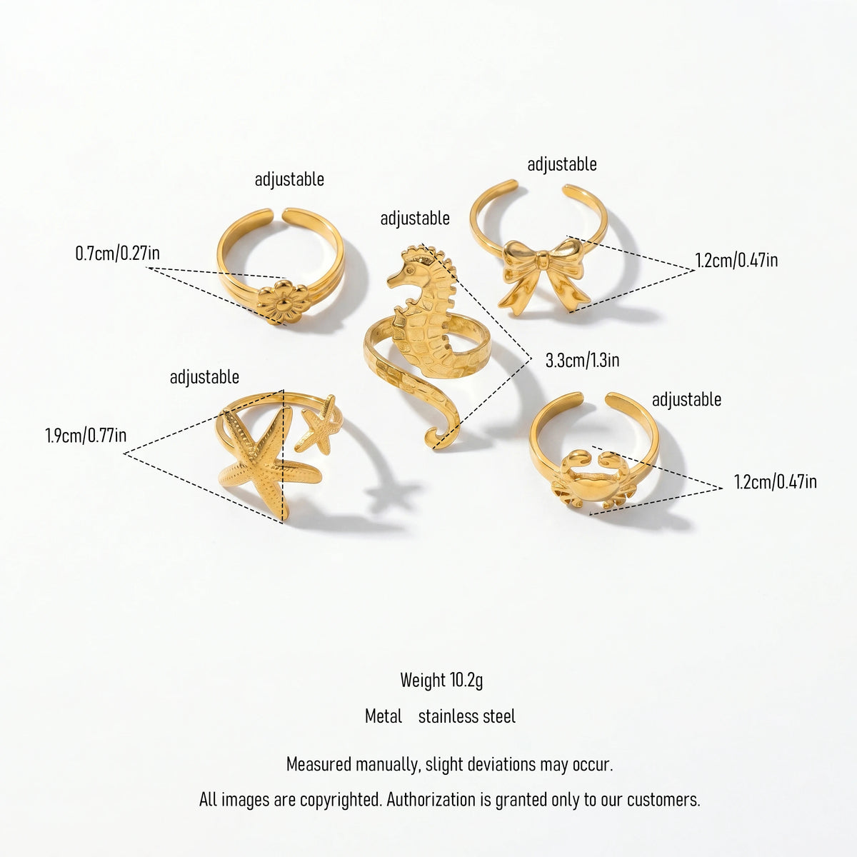 QIAOREN 13096-100 5Pcs 18K Gold Plated Stainless Steel Open Ring Set, Adjustable Stackable Sea Shell & Krab Finger Rings