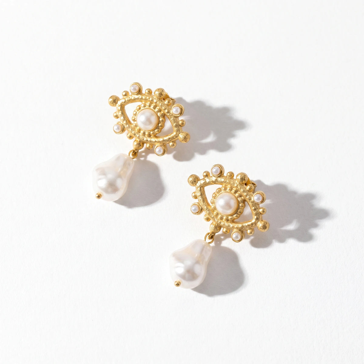 QIAOREN 13439 Textured Matte Stud Earrings With Tiny Round Pearl Inlay, Irregular Freshwater Pearl Dangle Ear Jewelry
