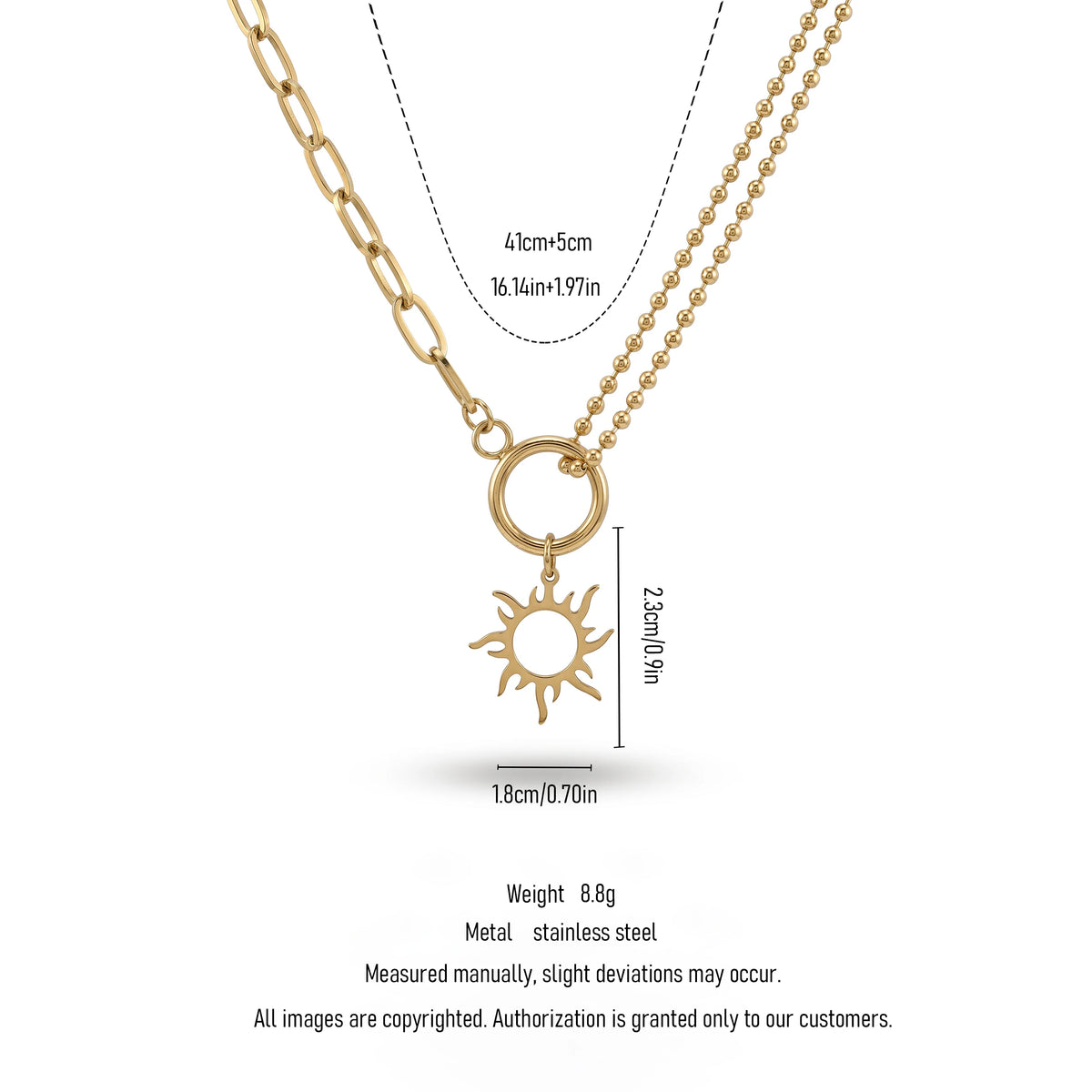QIAOREN 11349 Trendy Dainty Boho Sun Pendant Layered Necklace 18K Gold Plated Stainless Steel Party Jewelry