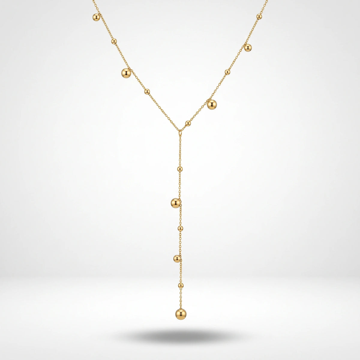 QIAOREN 13506 Minimalist Y Drop Beaded Ball Station Necklace, Multi Size Smooth Gold Spherical Charms Thin Cable Chain